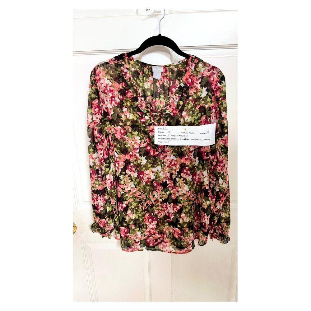 Chico’s Size 3 Floral Ruffle Tie Neck Long Sleeve Blouse
